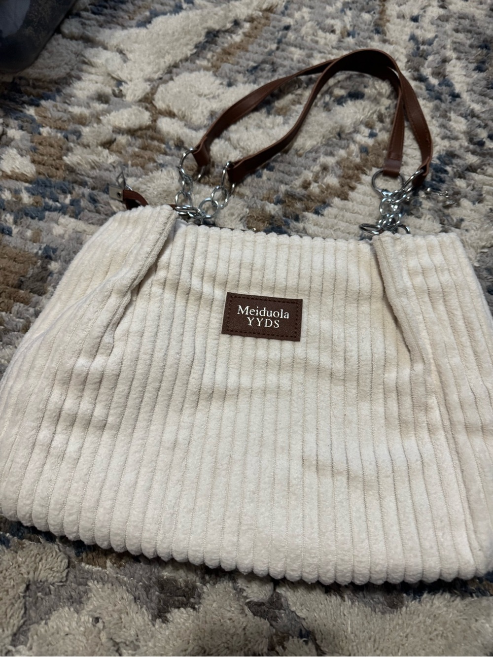 ✅🩷 $5 items for $25 Minimum. Cream Ribbed Shoulder Bag with Brown Handles - Picture 10 of 11